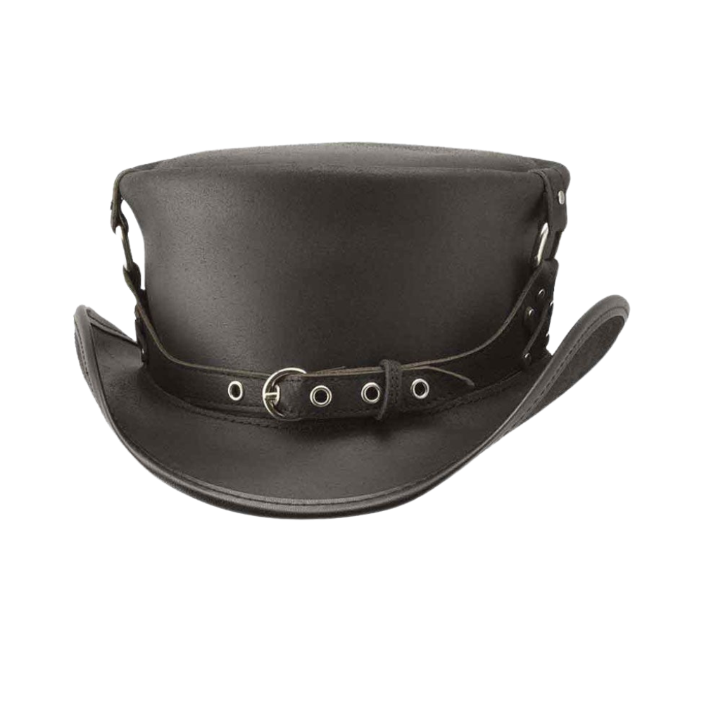 Black leather cowboy hat with a belt on a white background