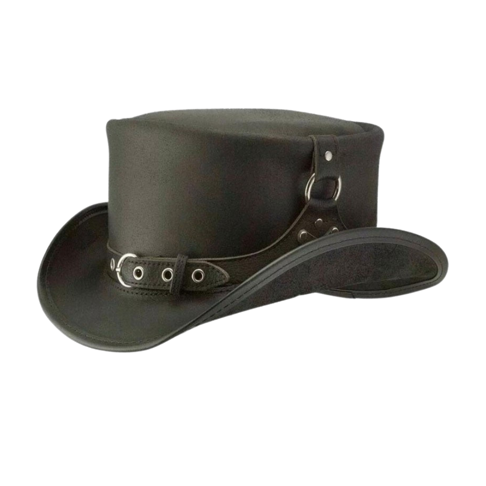 Black leather hat with a strap on a white background