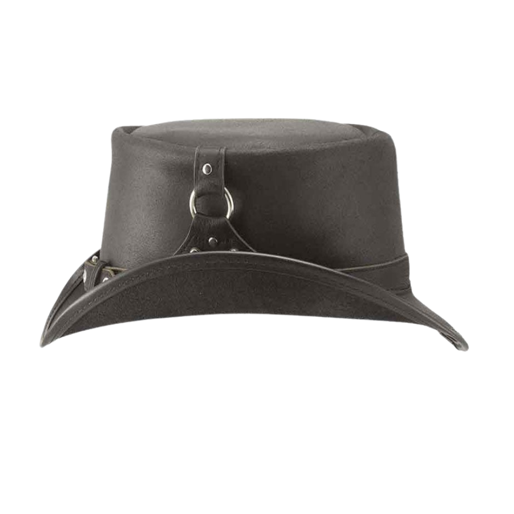 Black leather hat with decorative elements on a white background