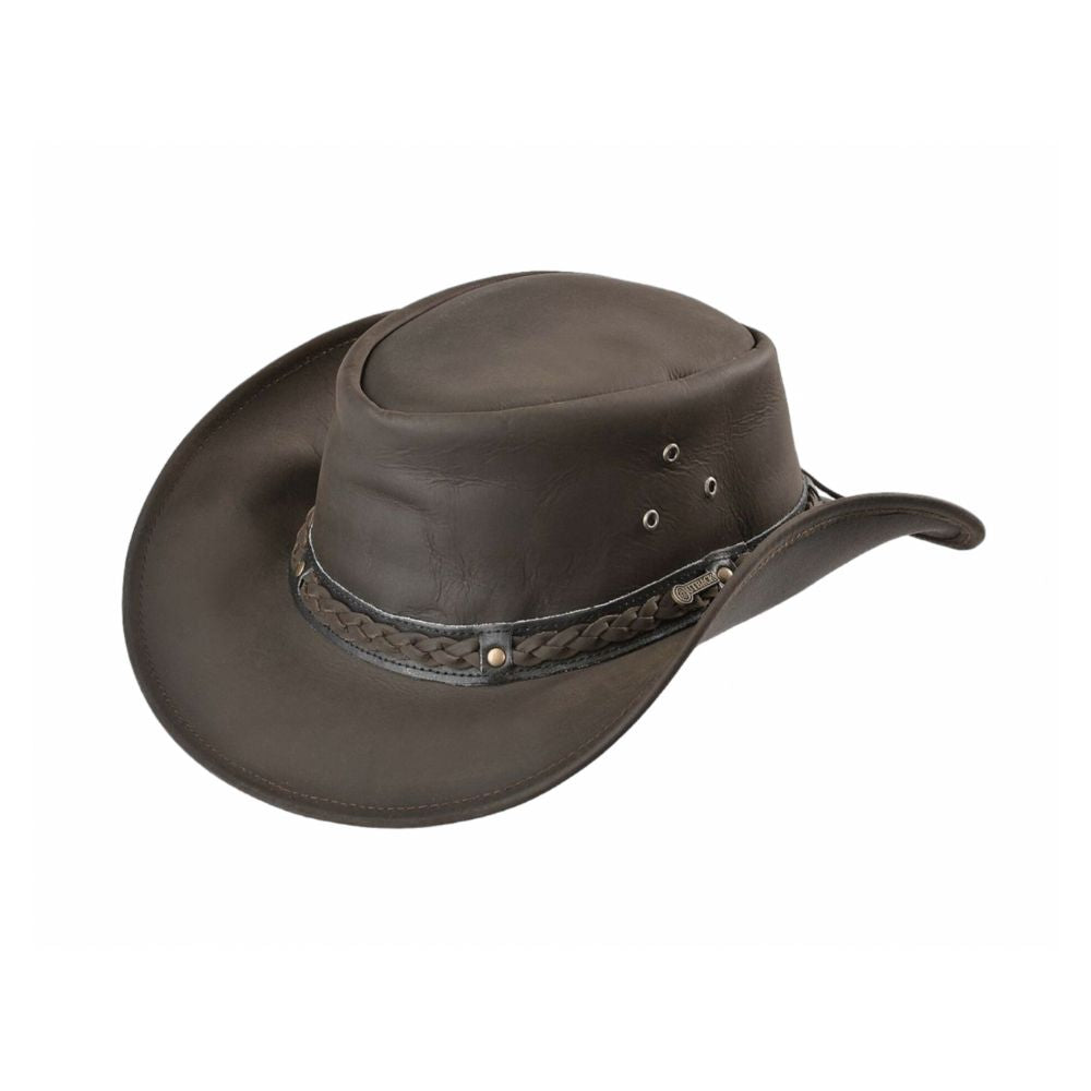 Timeless black and brown leather cowboy hat.
