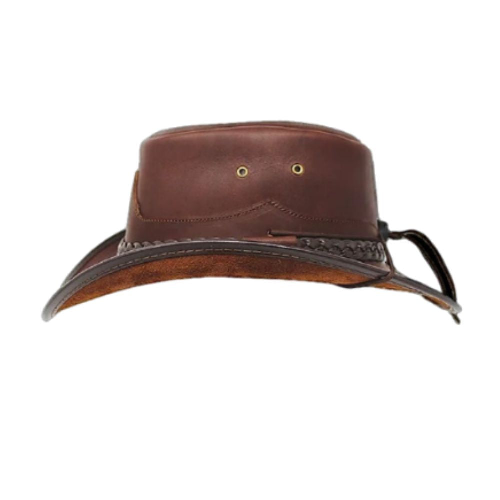 Brown leather hat with a black band on a white background
