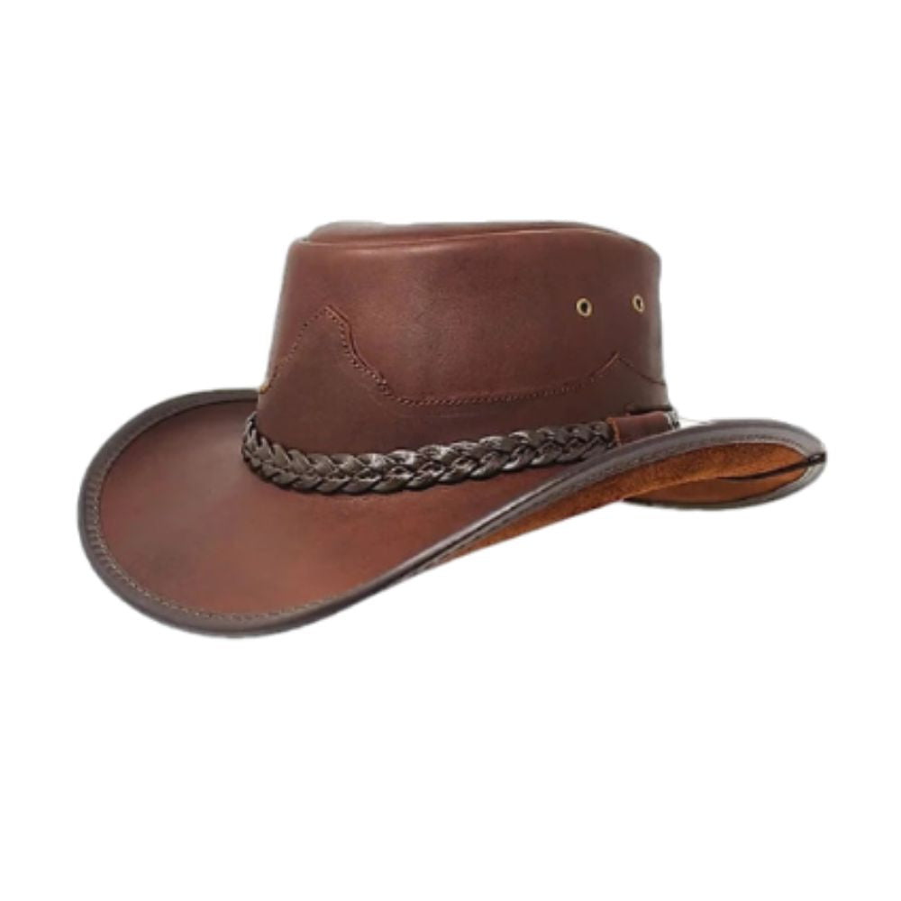 Brown leather hat with braided band on a white background
