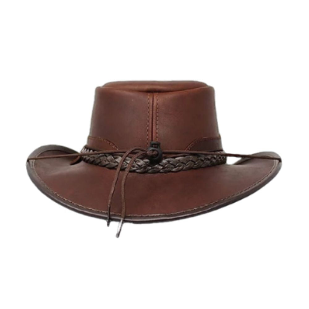 Brown leather hat with braided band on a white background