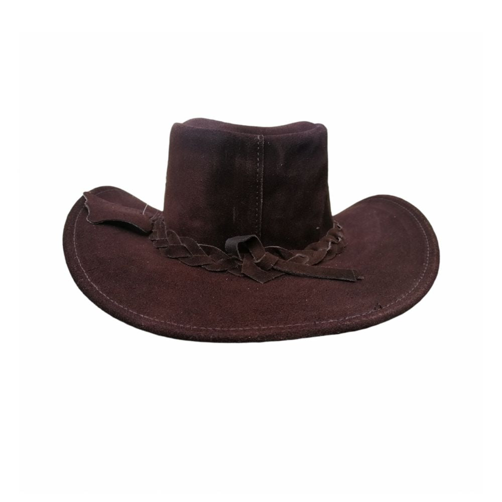 Traditional country-style dark brown leather hat.
