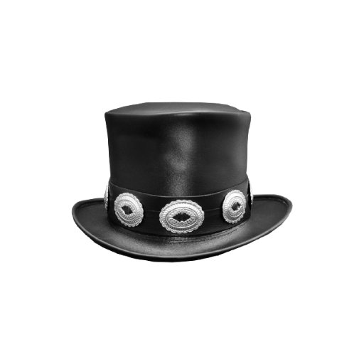 Black top hat with decorative band on a white background