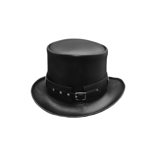 Black top hat with a belt and buckle on a white background
