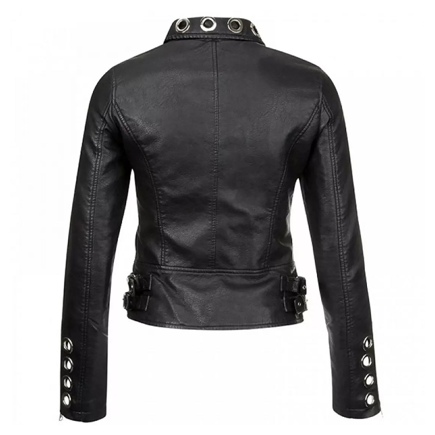 Black Leather Biker Jacket Silver Metal Ring For Women side view