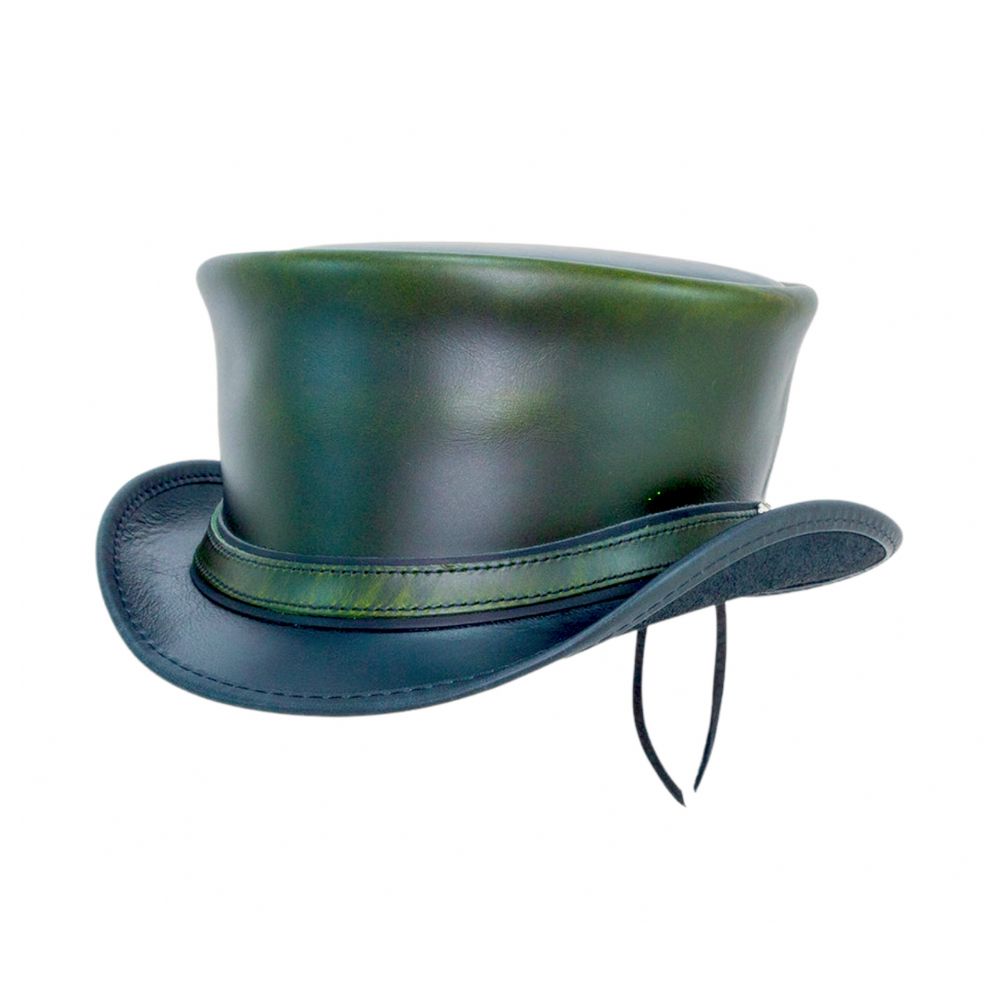 Unique green leather top hat, gothic fashion.






