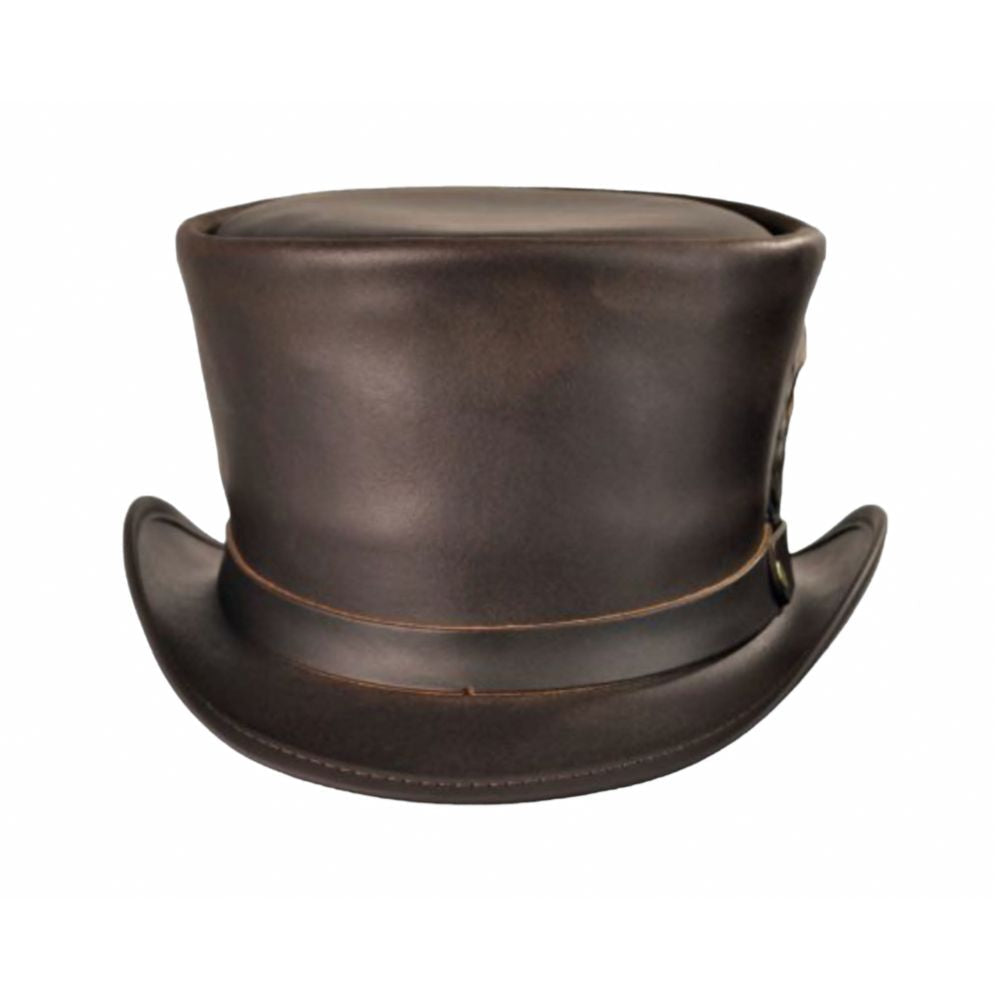 Unique handcrafted brown leather top hat.





