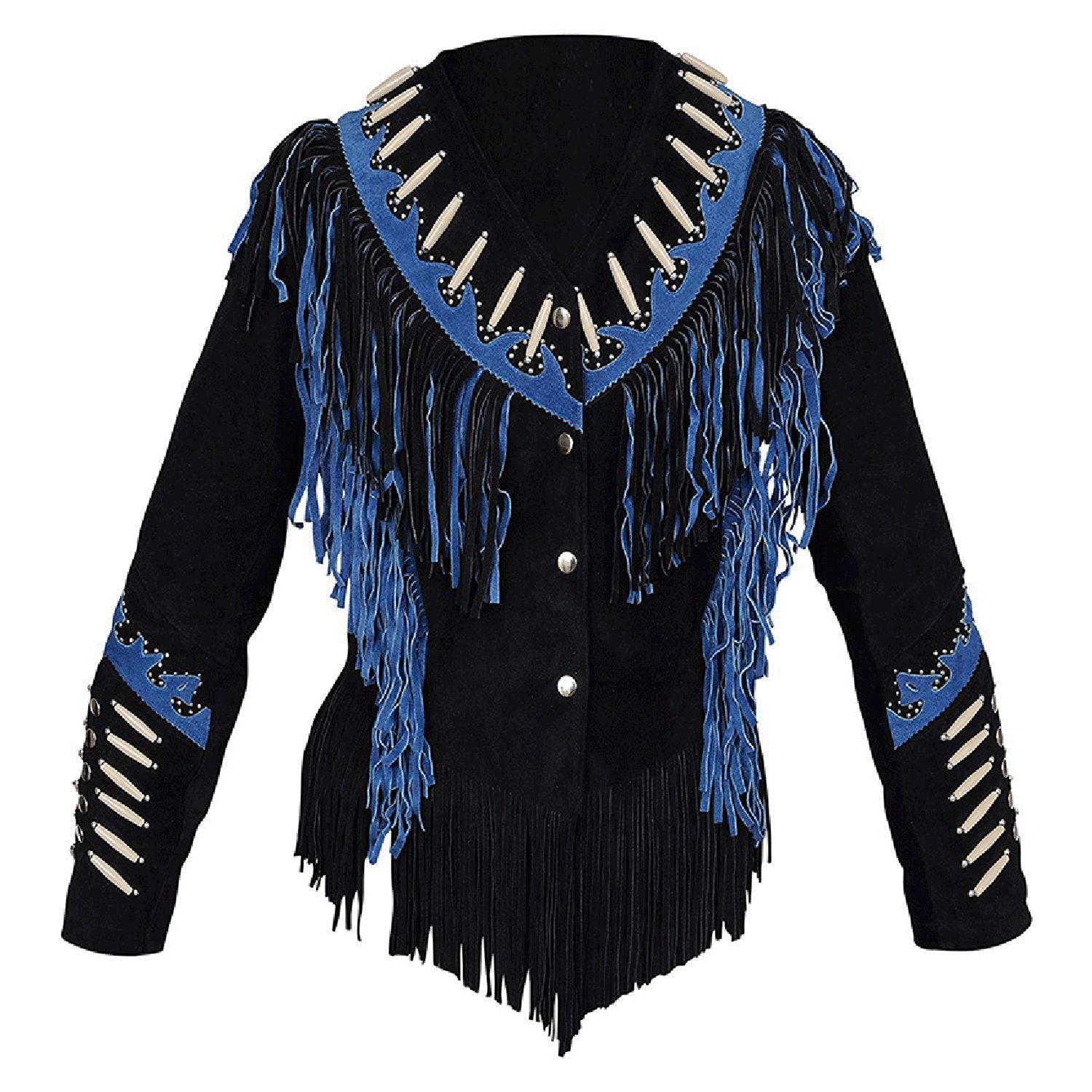 Black Suede Leather Jacket Blue Fringes For Women front view
