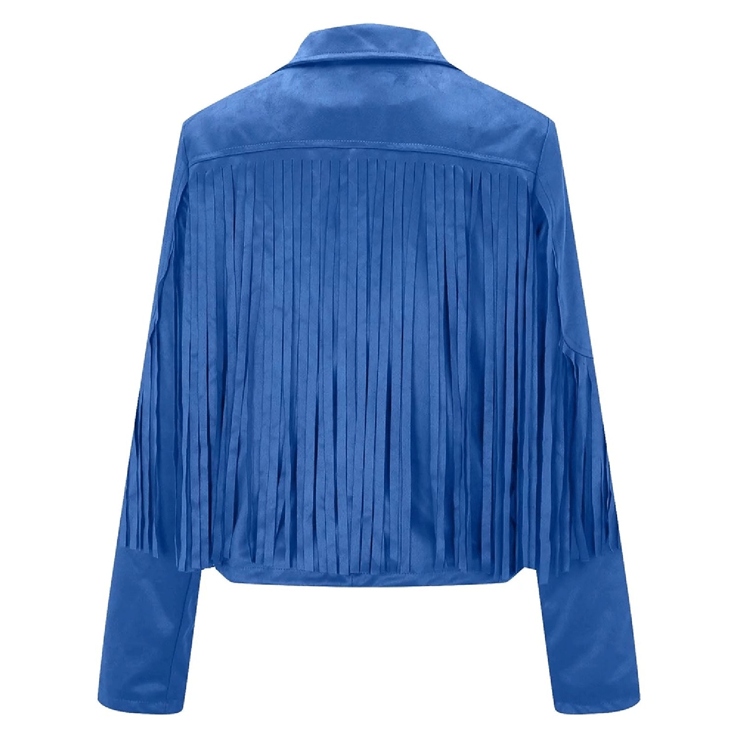 Blue Leather Long Fringe Jacket For Women side view