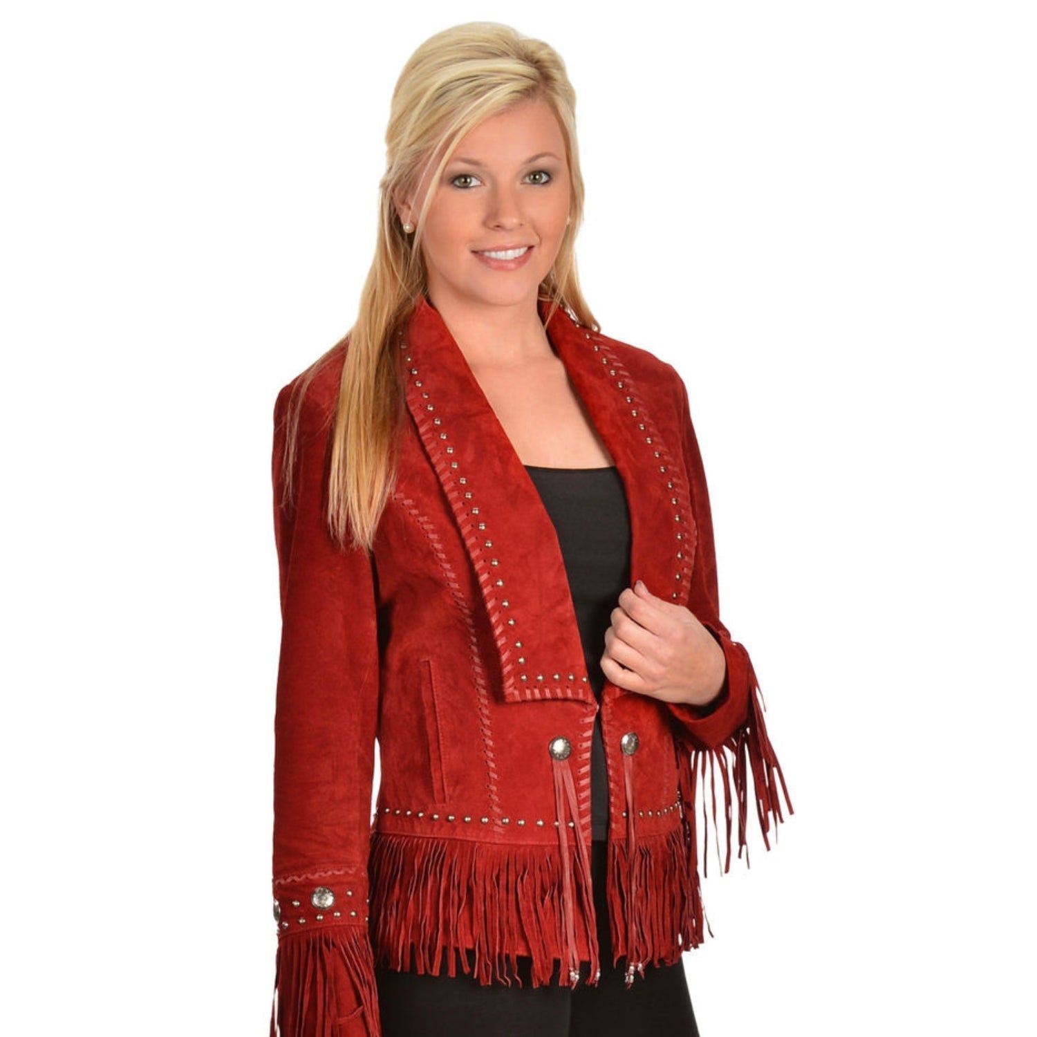 Western Red Suede Leather Fringe Silver Studded Jacket front view