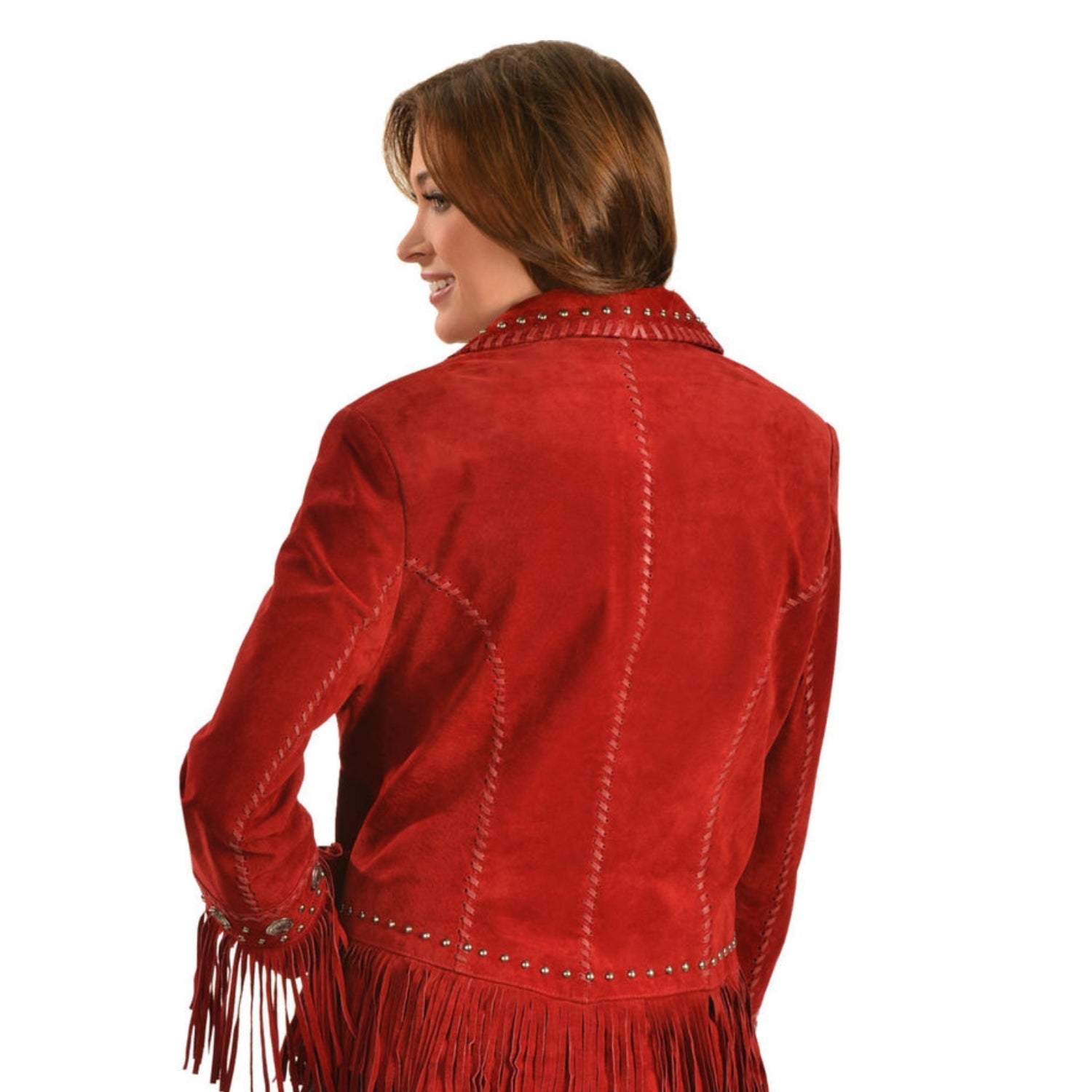 Western Red Suede Leather Fringe Silver Studded Jacket side view