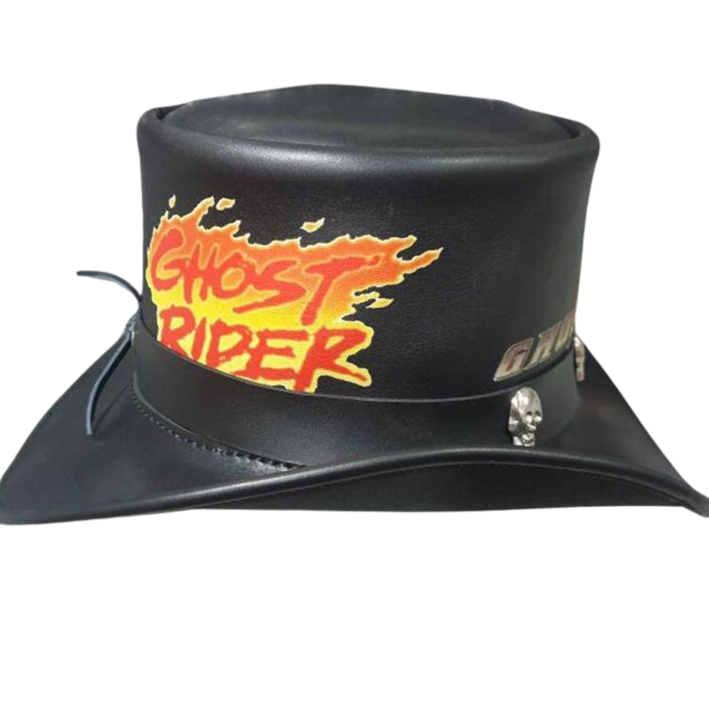 Black leather hat with 'Ghost Rider' logo on a white background