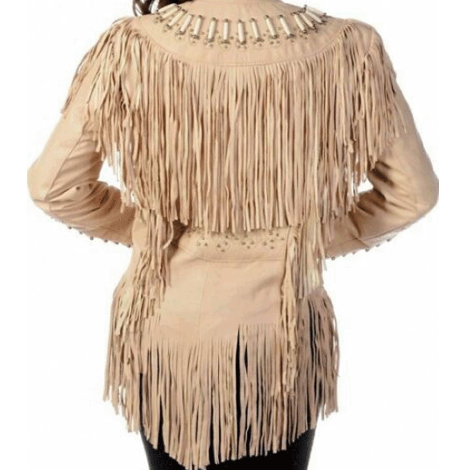 Cowgirl Beige Leather Fringes Bone & Silver Stud Jacket Coat side view