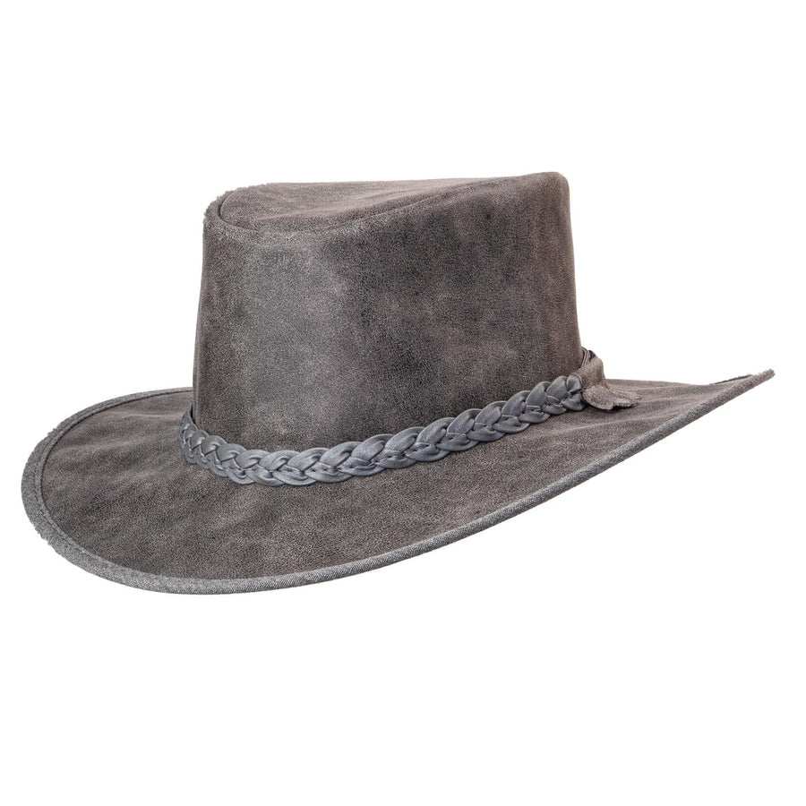 Gray suede cowboy hat with braided band on a white background