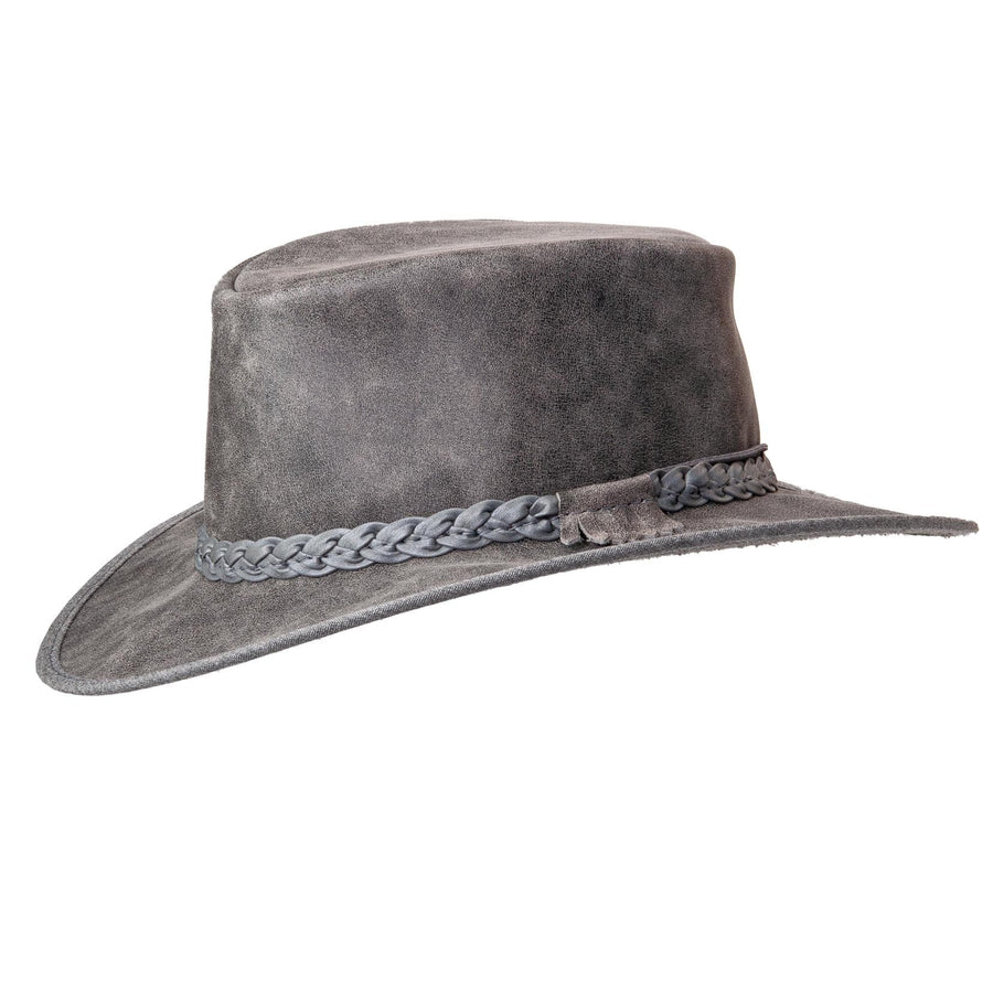 Gray suede hat with braided band on a white background