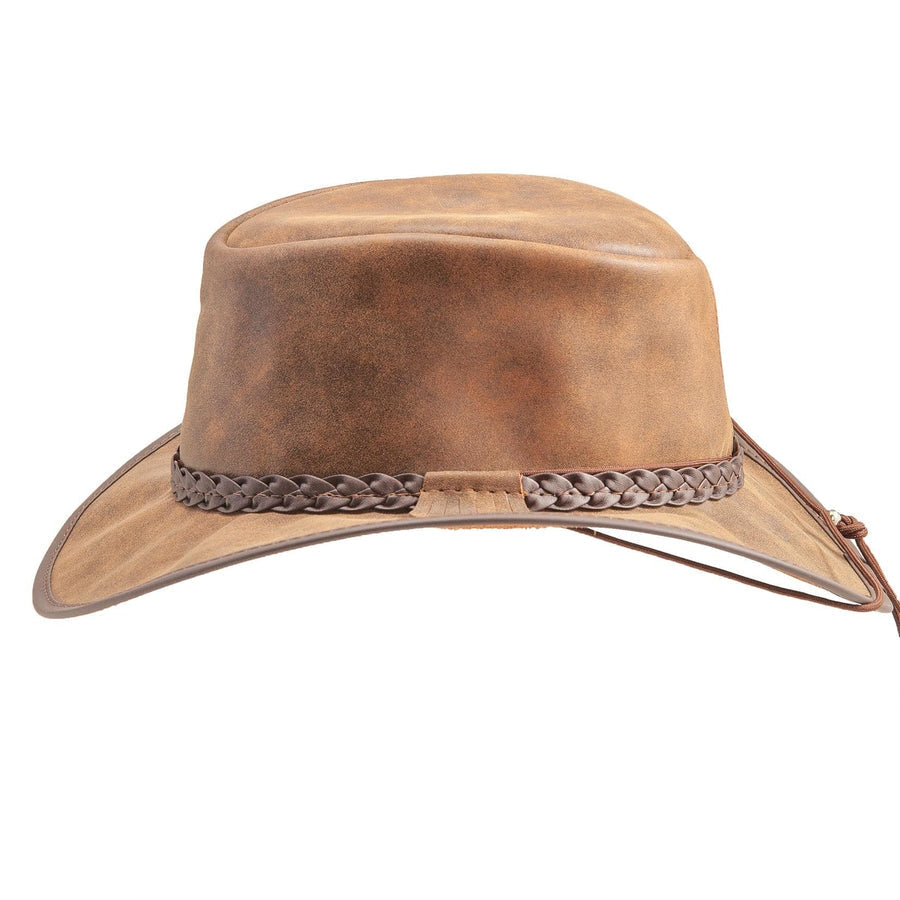 Brown leather cowboy hat with braided band on a white background