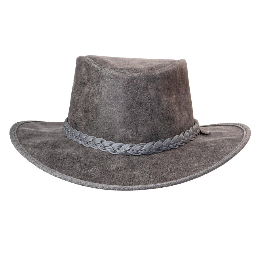Gray suede hat with braided band on a white background