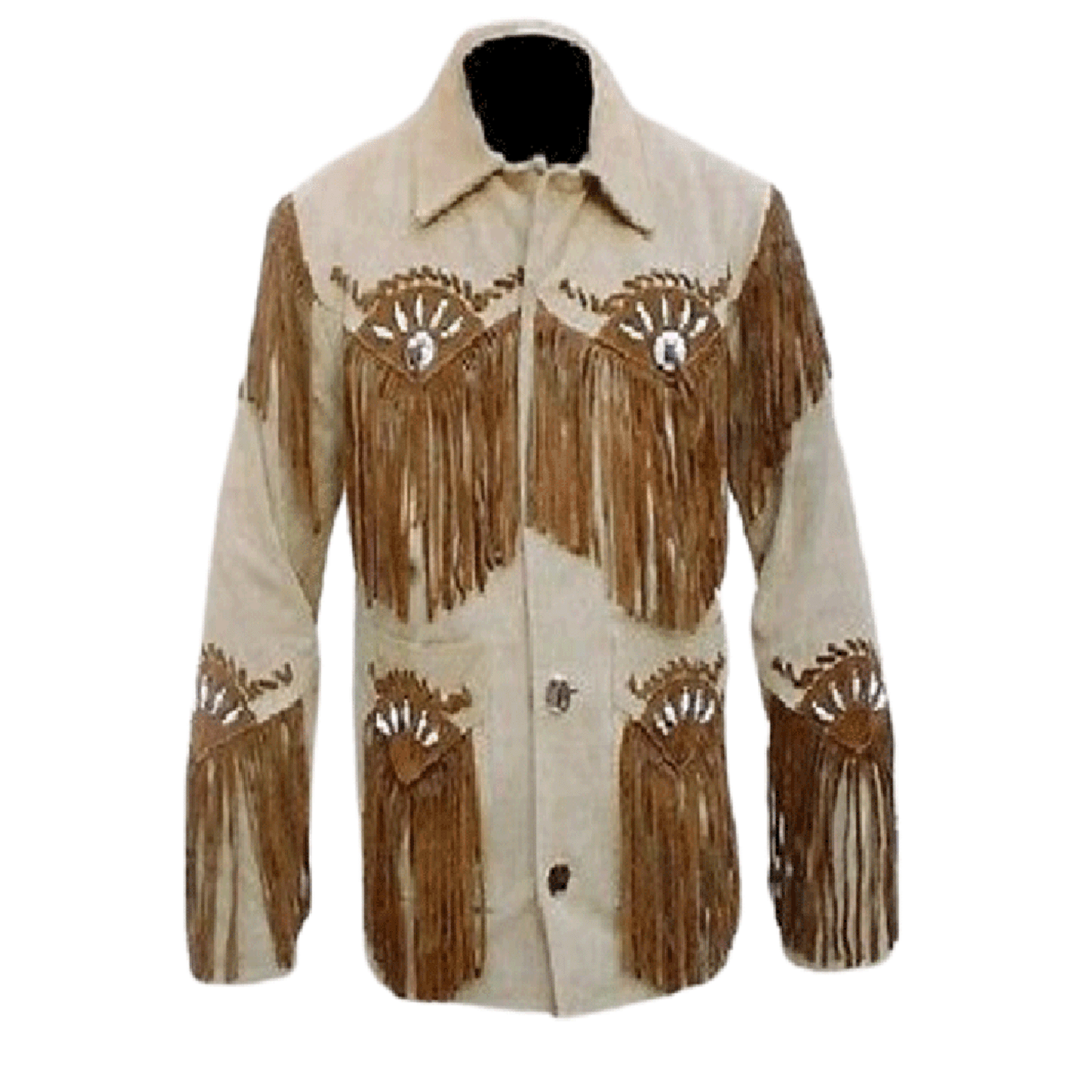 Close-up detail showing the beige leather fringe jacket with bone-work trim