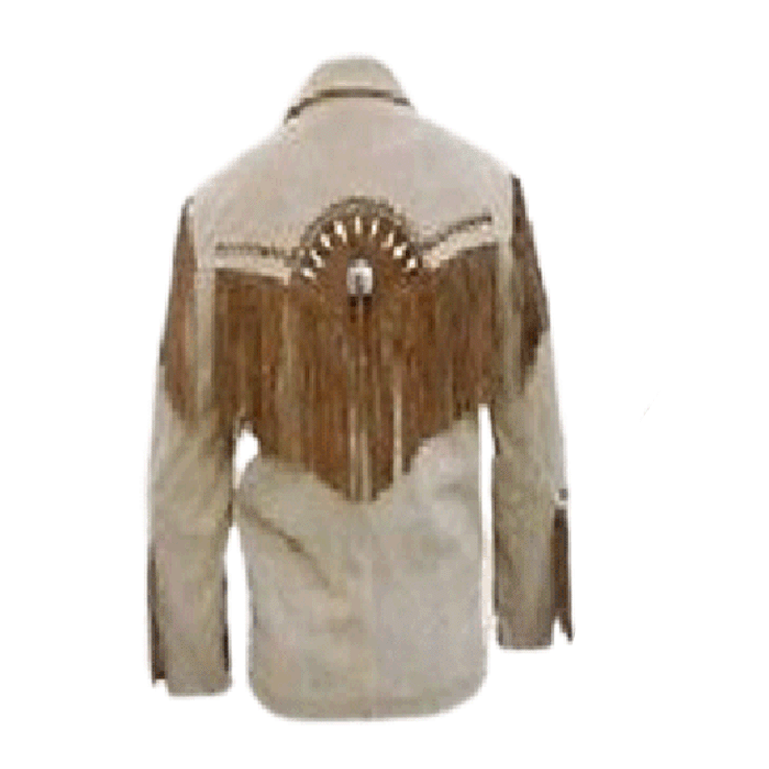 Worn styled look showing the beige leather fringe jacket with bone-work trim