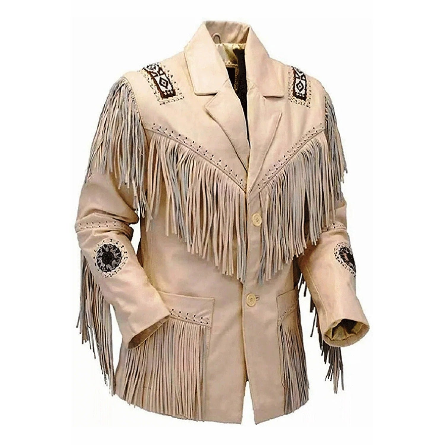 Front View of the beige leather fringe jacket for men