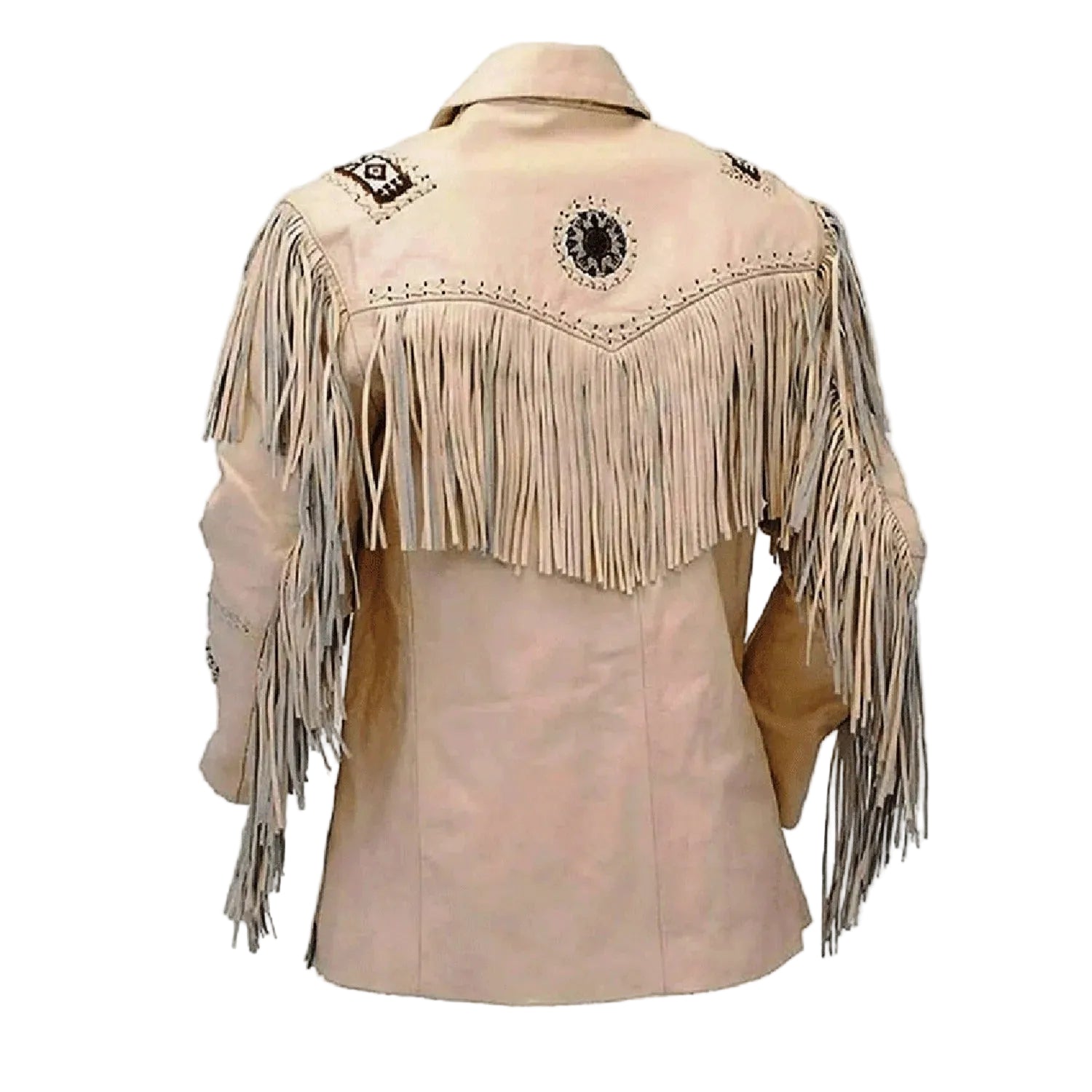 Back View of the beige leather fringe jacket for men