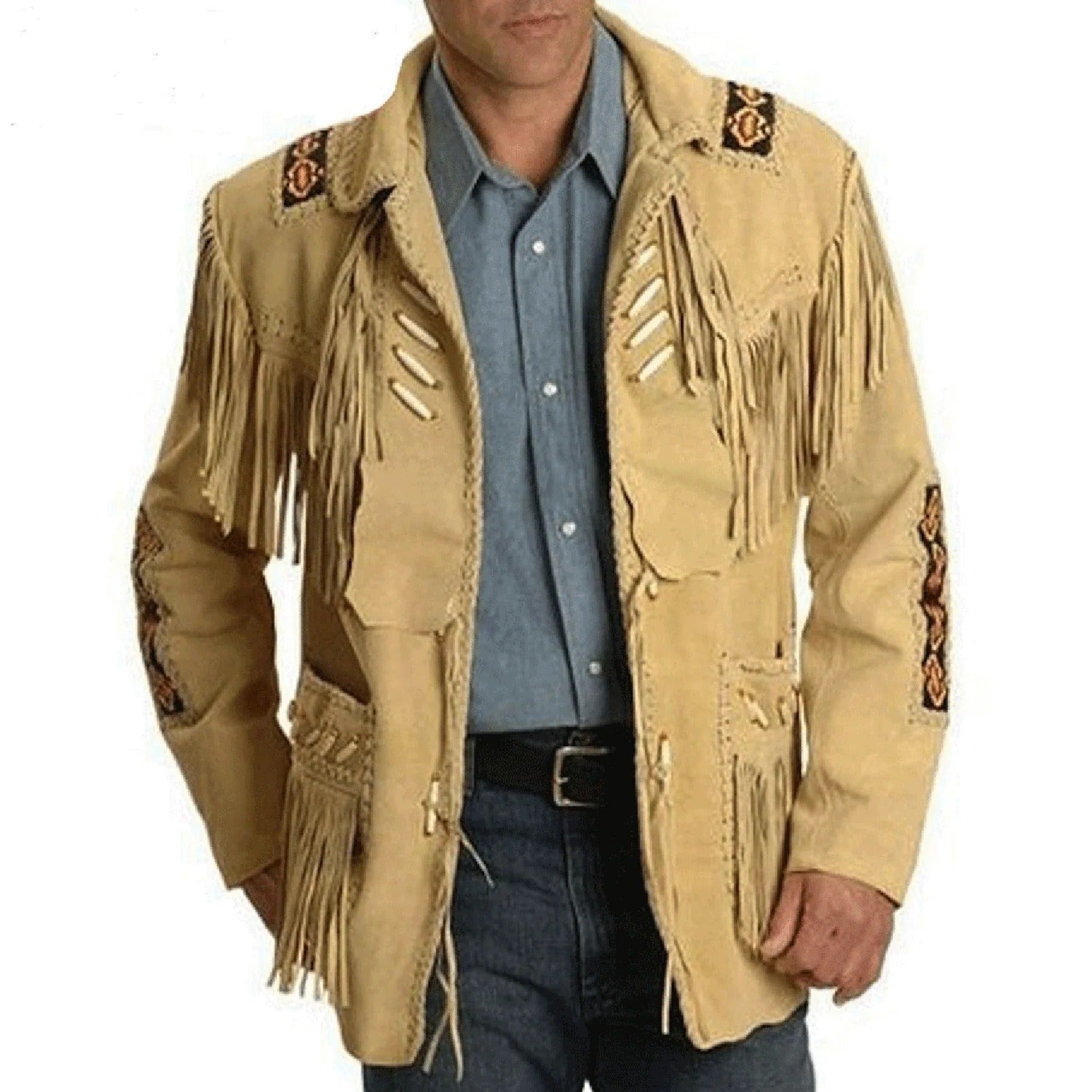 Front View of the beige leather fringe jacket for men