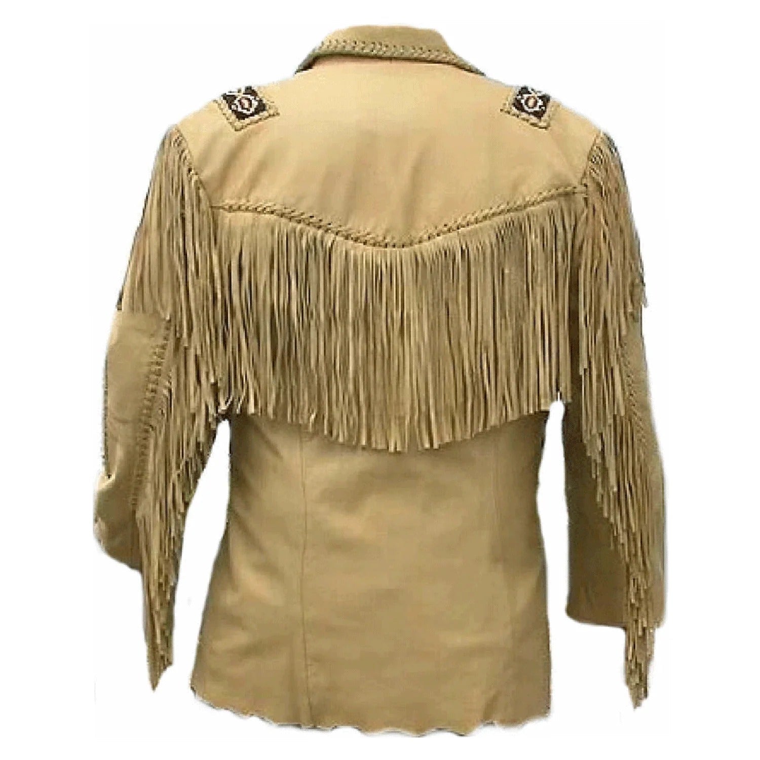Back View of the beige leather fringe jacket for men