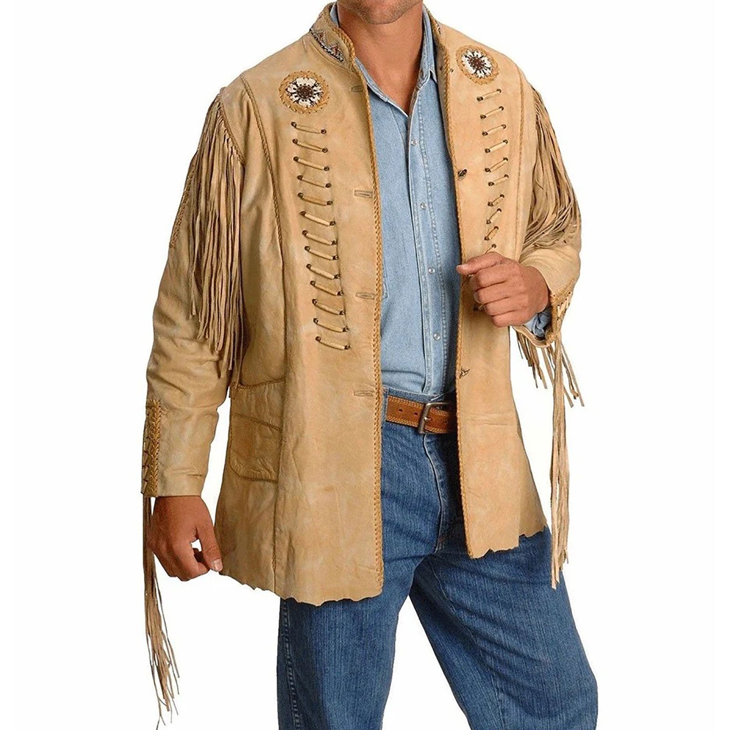 Front View of the beige leather fringe jacket for men