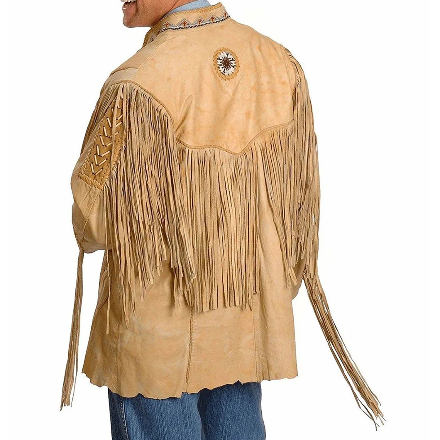 Back View of the beige leather fringe jacket for men