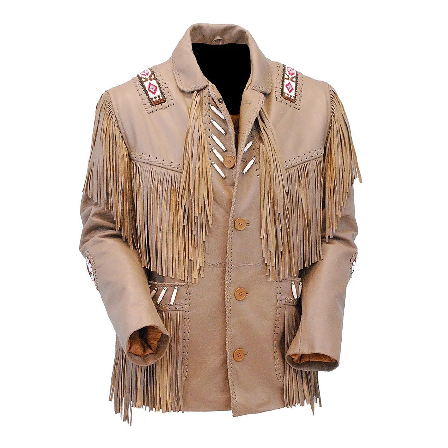Front View of the beige leather fringe jacket for men