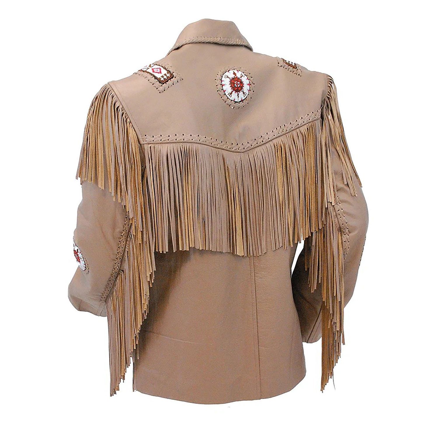 Back View of the beige leather fringe jacket for men