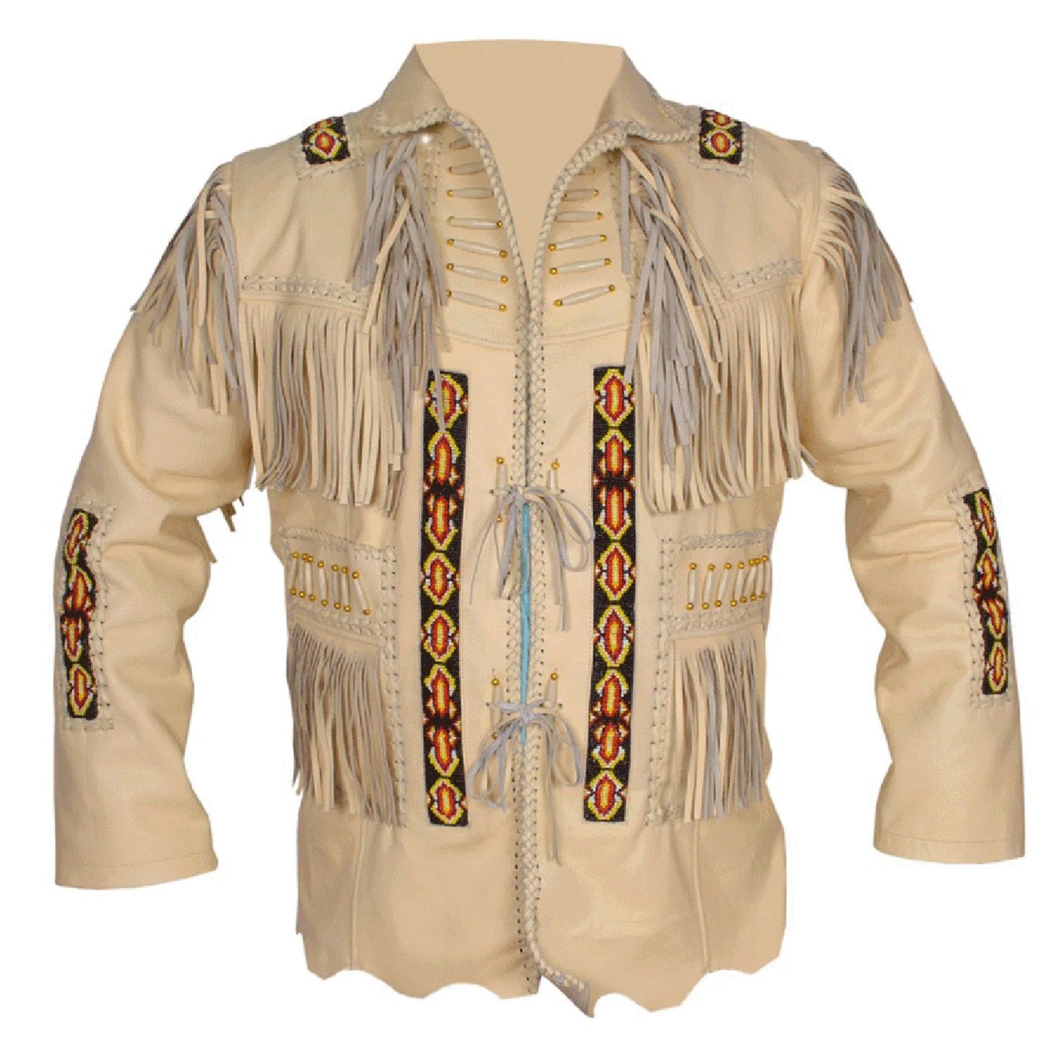 Front View of the beige leather fringe jacket for men