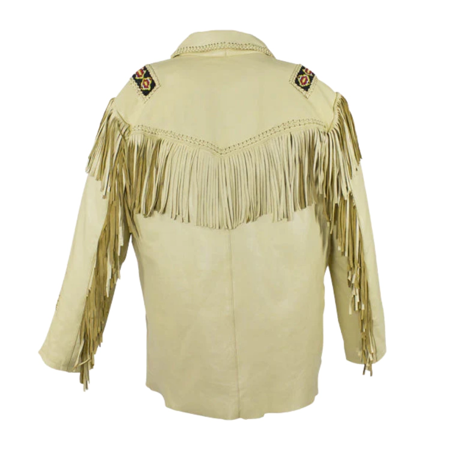 Back View of the beige leather fringe jacket for men