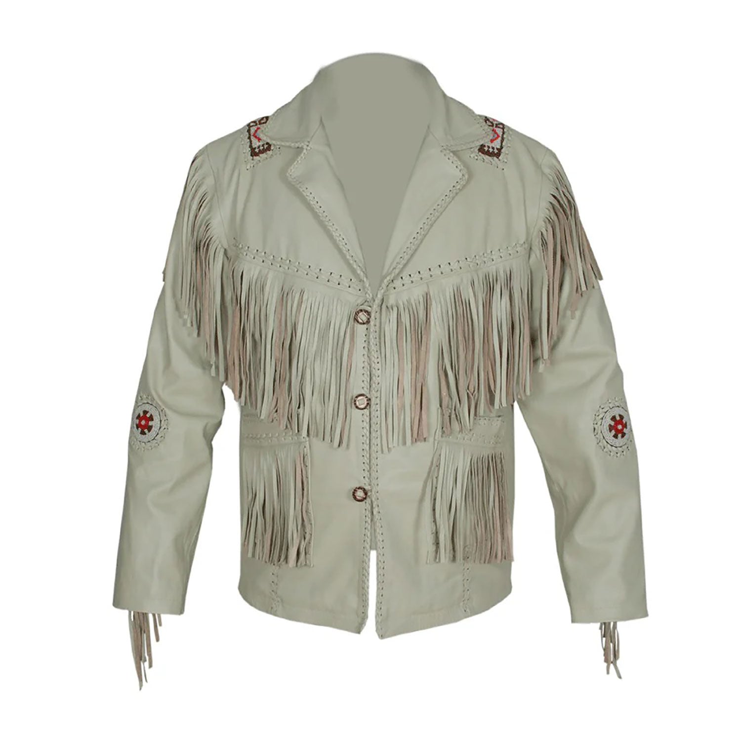 Front View of the beige leather fringe jacket for men