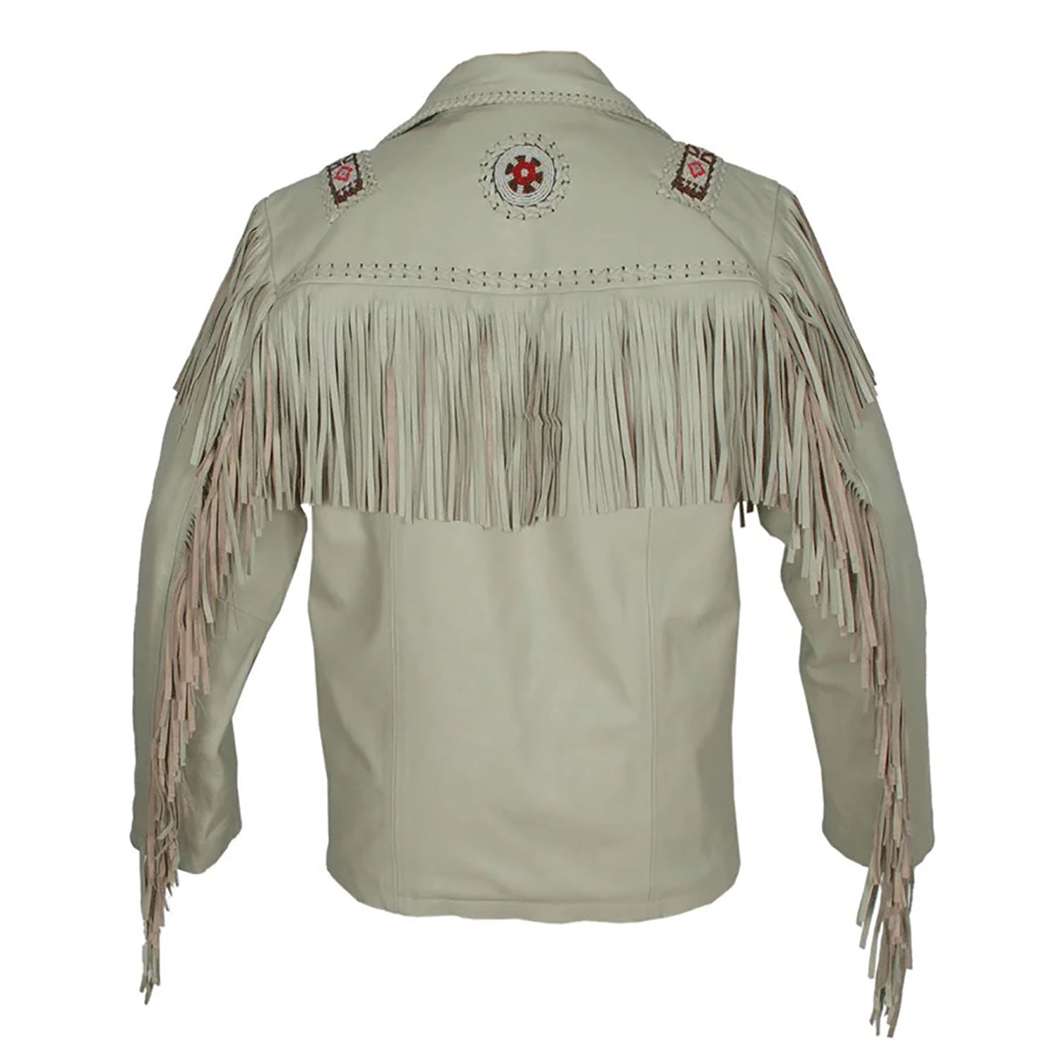 Back View of the beige leather fringe jacket for men