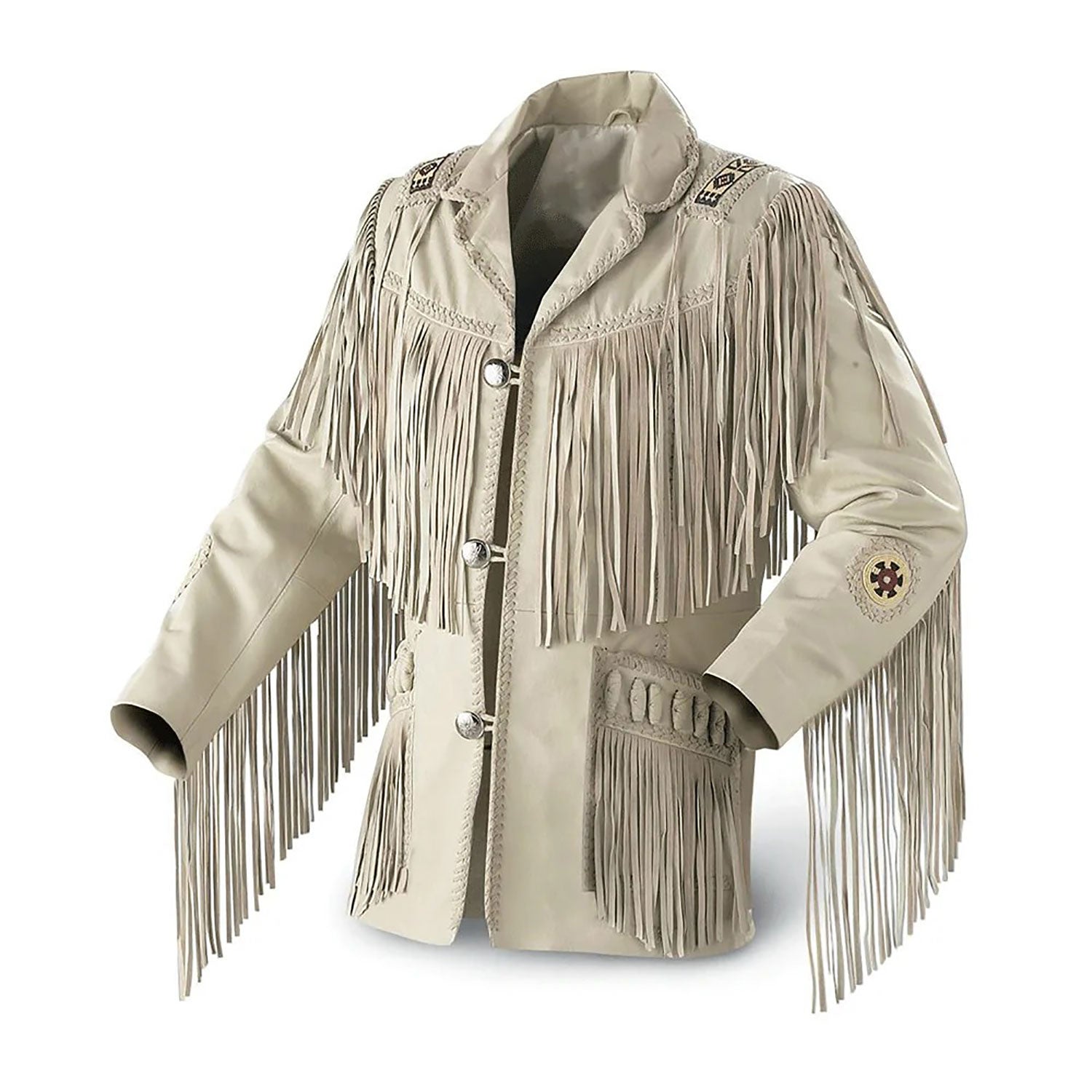 Front View detail of the beige leather fringe jacket with beaded detailing for men