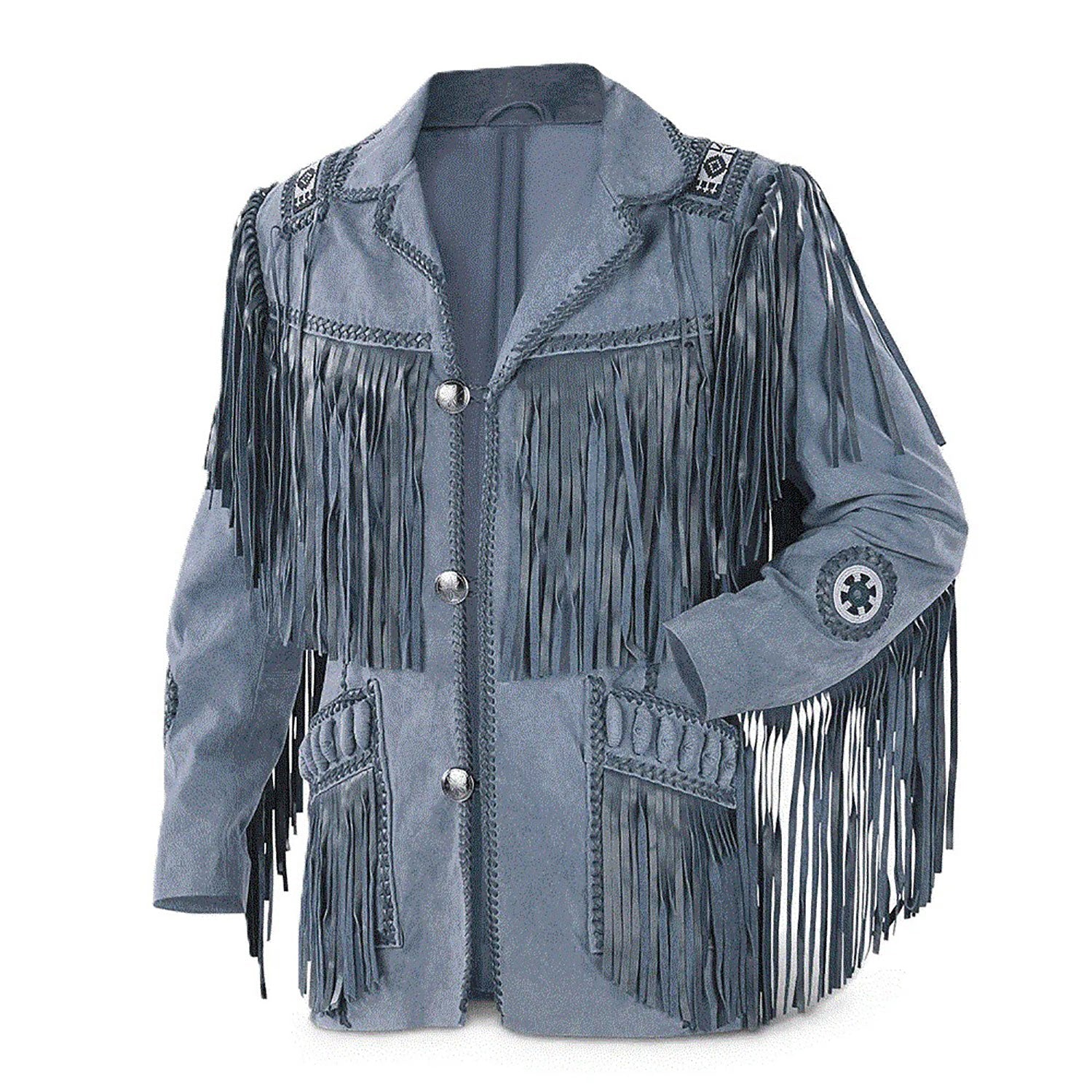 The gray leather fringe jacket with beaded detailing, pictured in full display