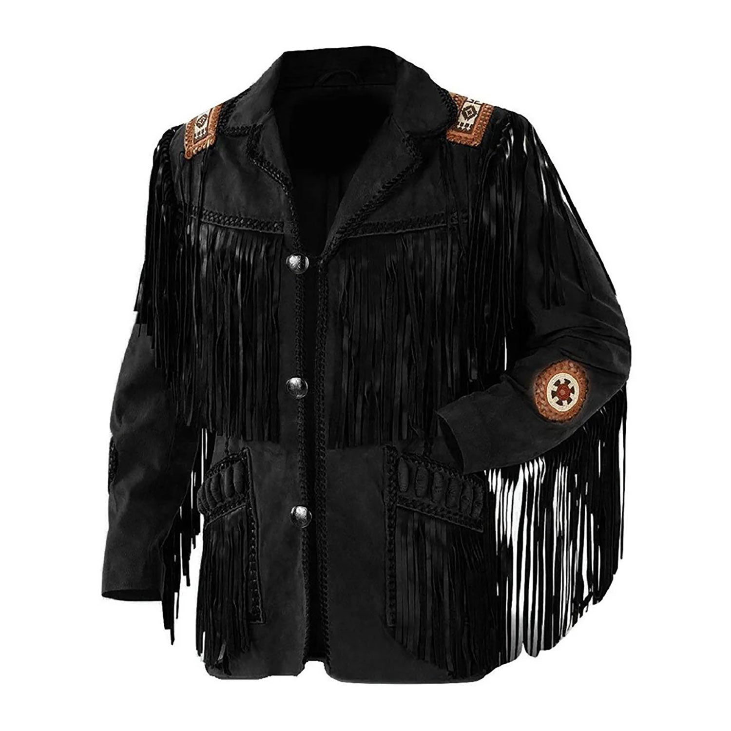 Full display showing the black leather fringe jacket with beaded detailing