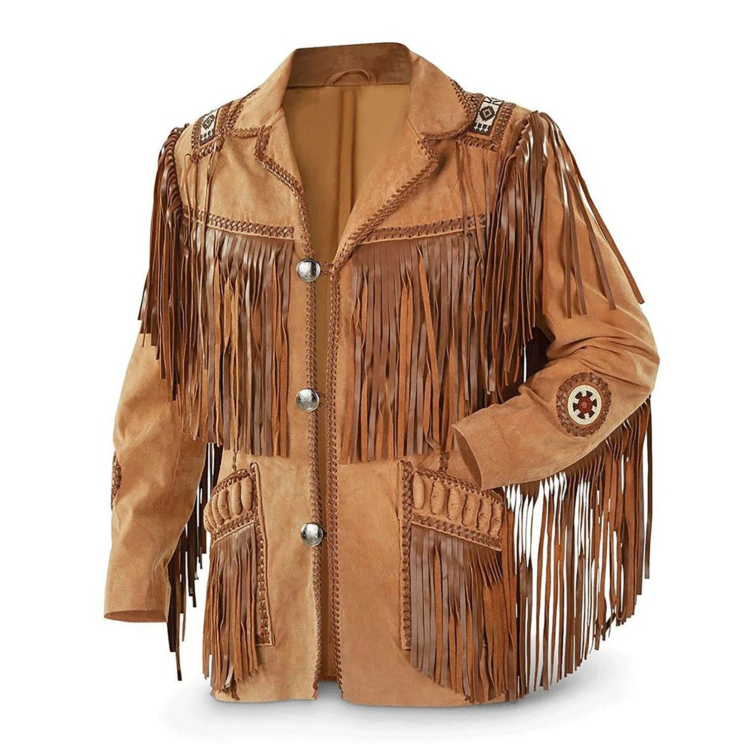 Front View of the tan leather fringe jacket for men