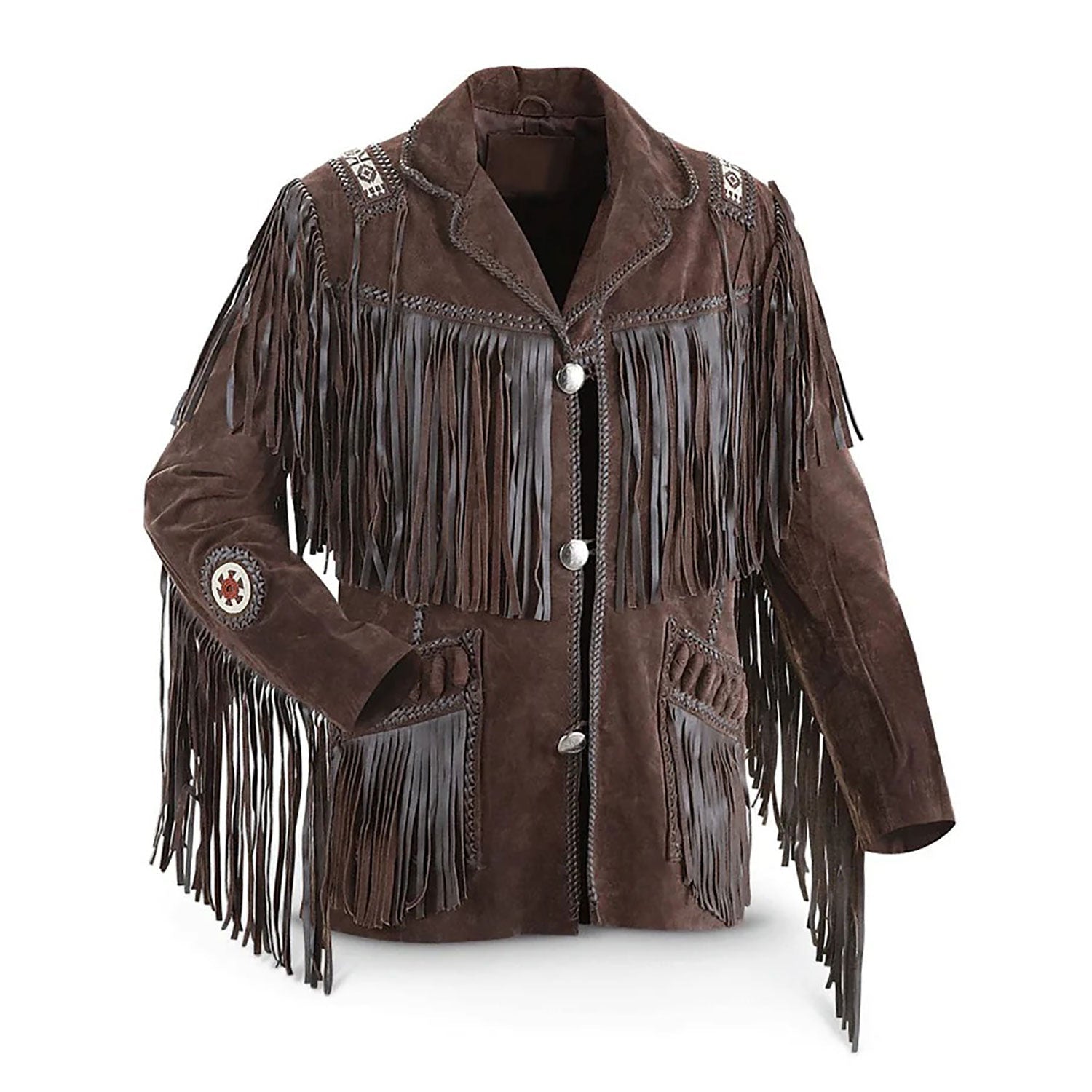 Front view of the brown leather fringe jacket with beaded detailing for men