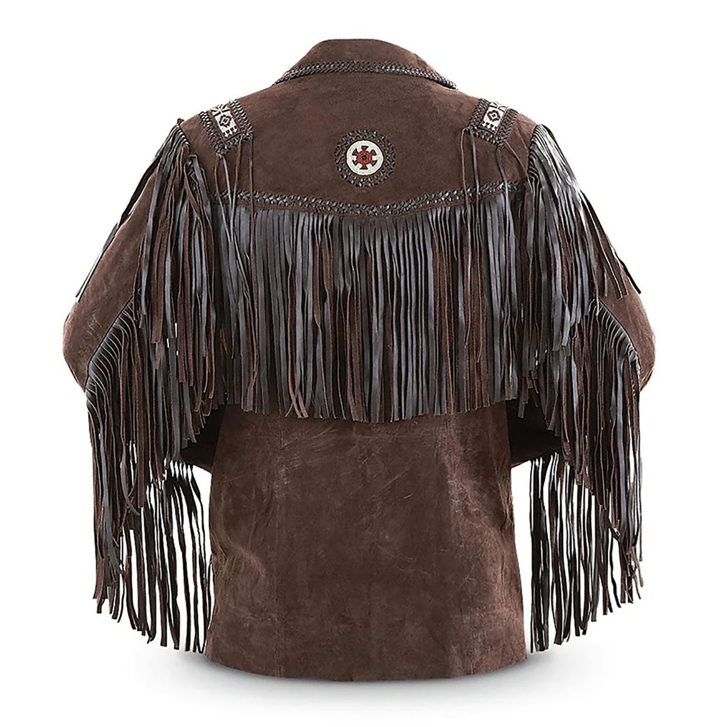 The brown leather fringe jacket with beaded detailing, pictured from the back