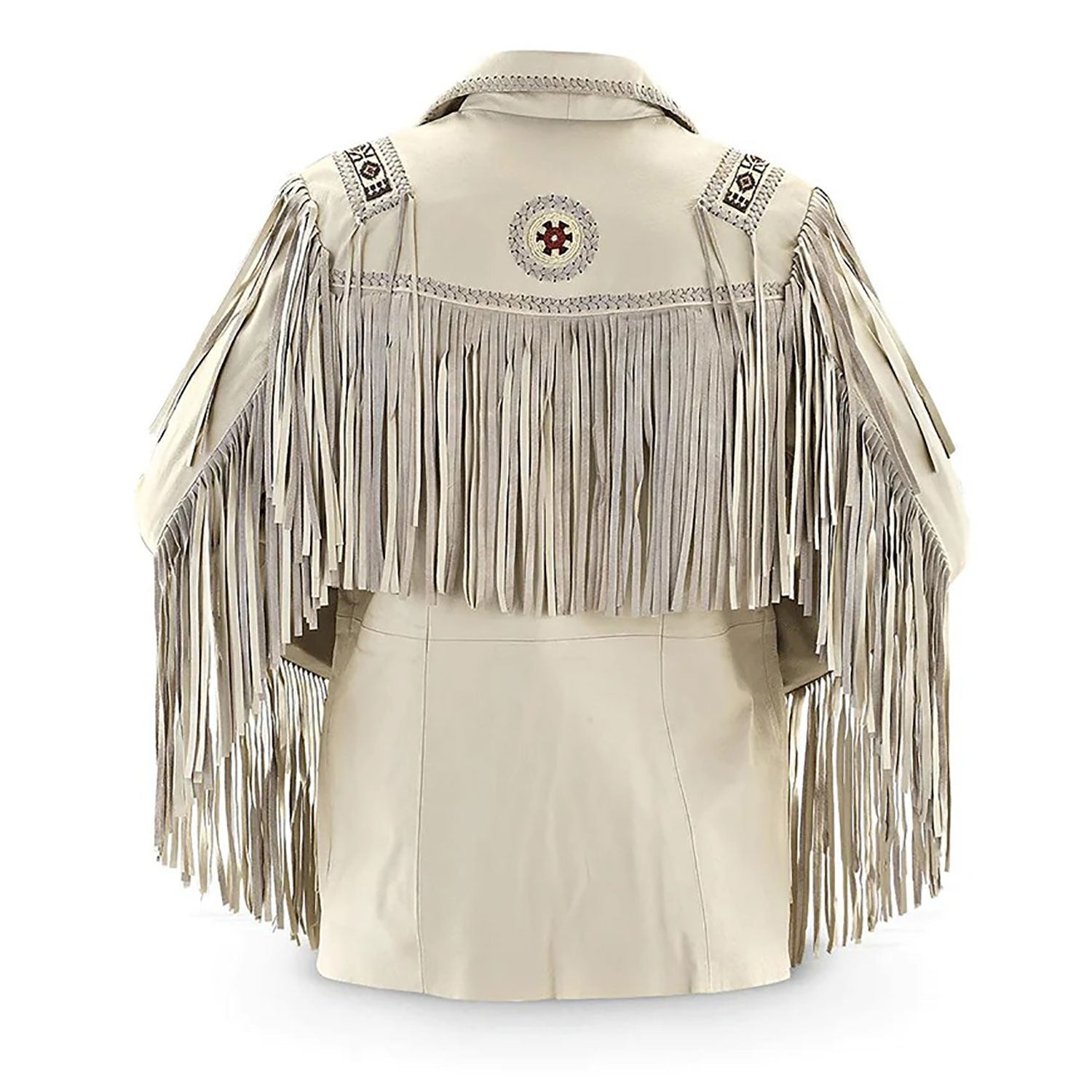 Back View of the beige leather fringe jacket with beaded detailing for men