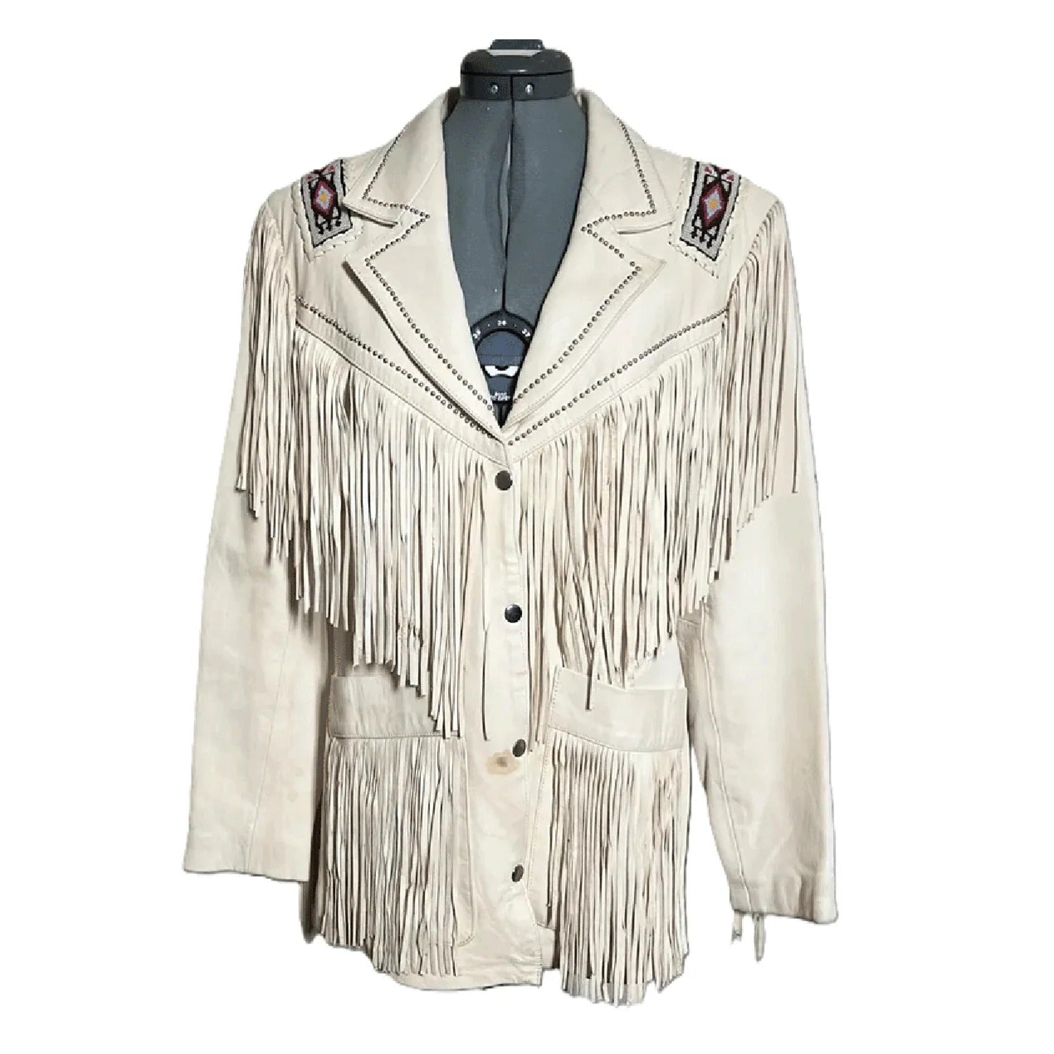 Back view showing the beige leather fringe jacket