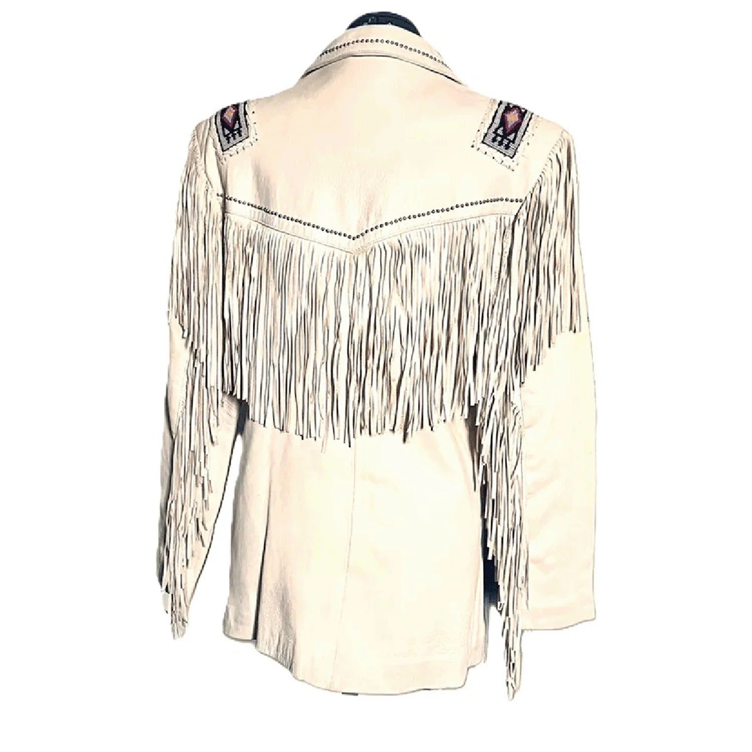 Close-up detail showing the beige leather fringe jacket