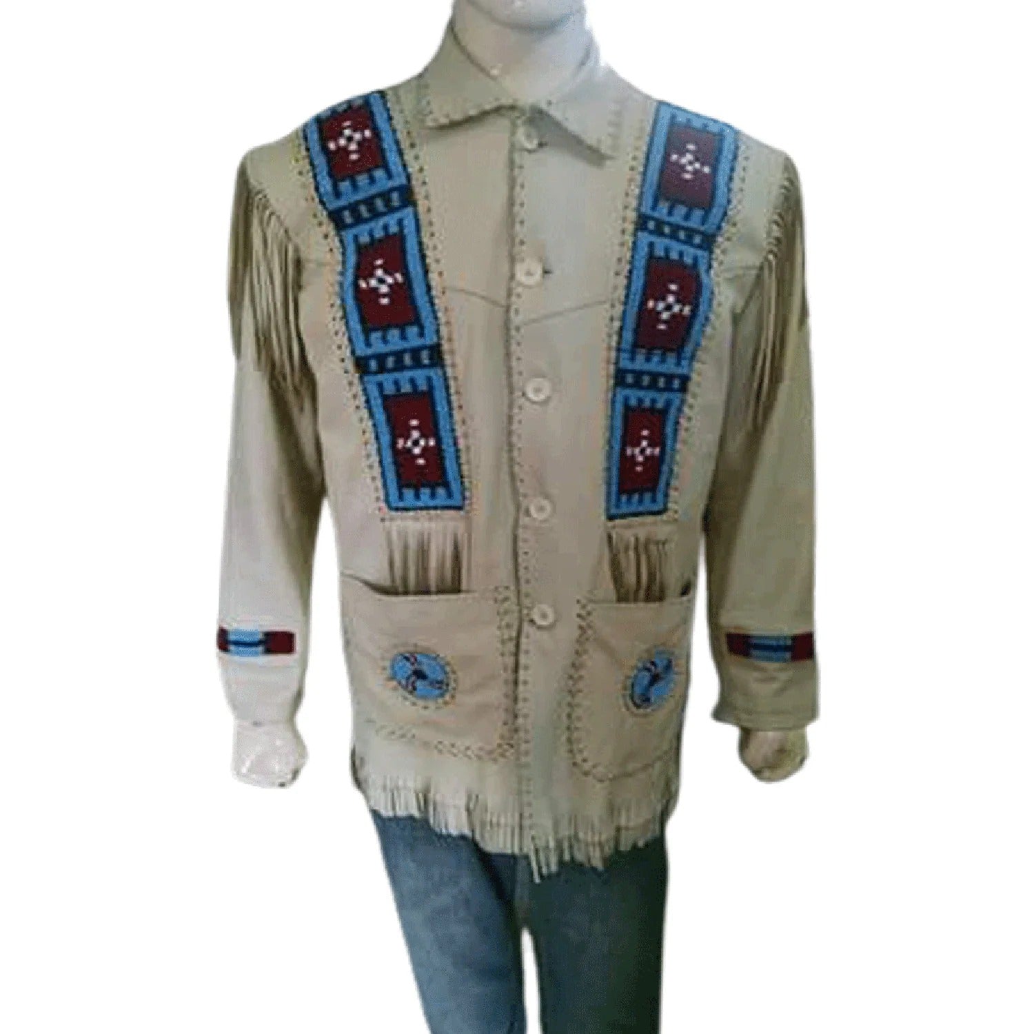The beige leather fringe jacket with beaded detailing, pictured from the side