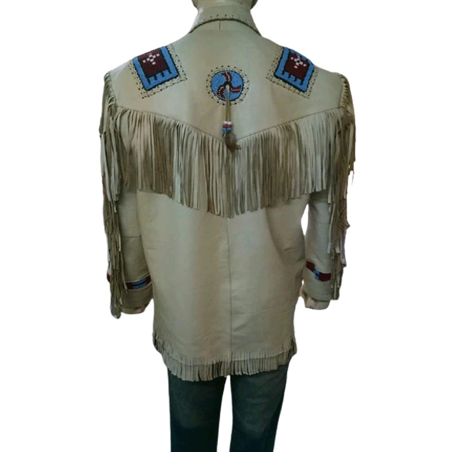The beige leather fringe jacket with native american design, pictured from the back