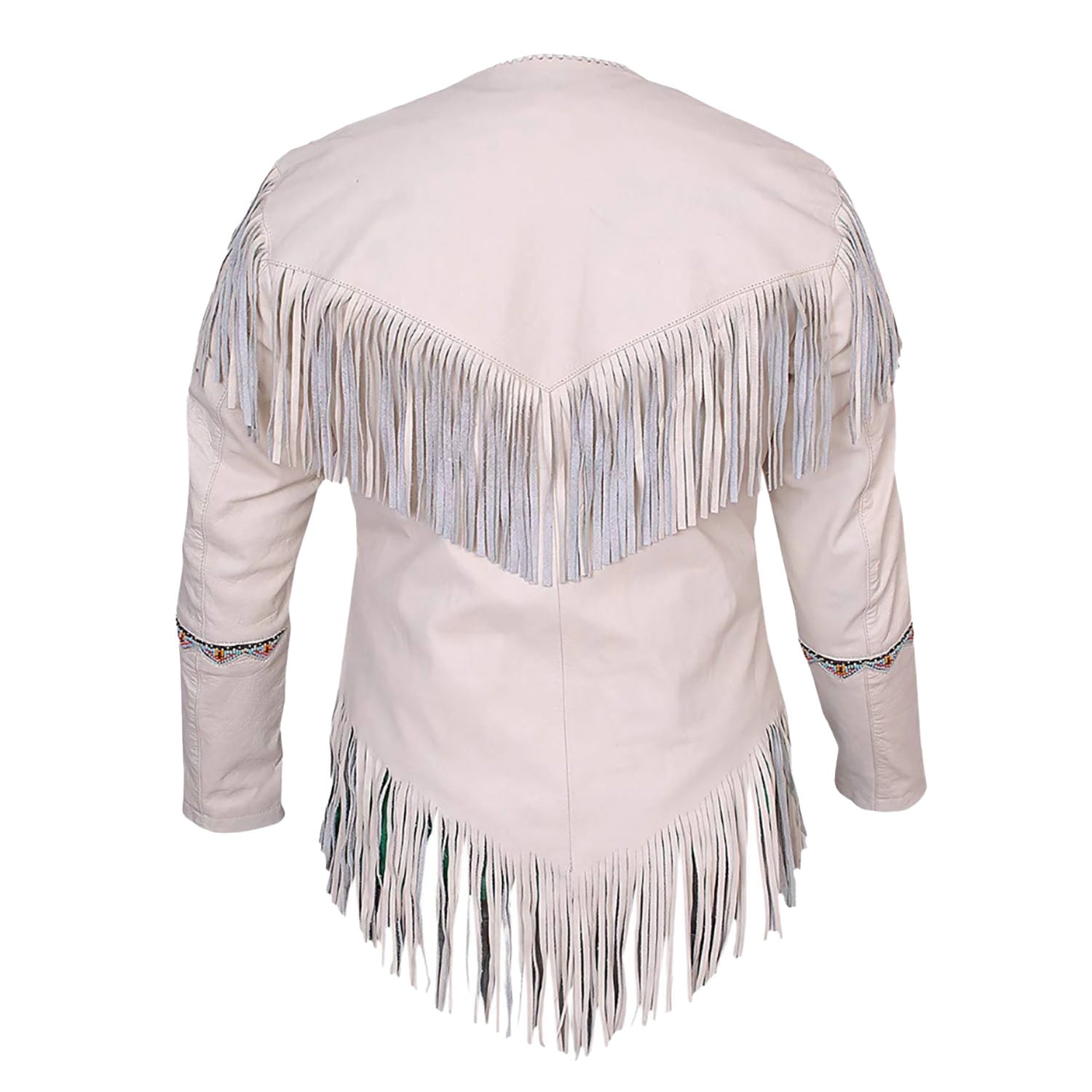 Western Beige Leather Fringes Beaded Jacket For Women side view