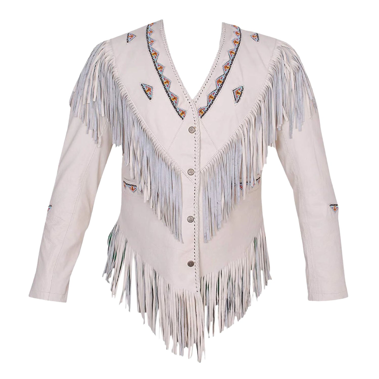 Western Beige Leather Fringes Beaded Jacket For Women front view